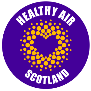 A yellow heart on a purple background with the words healthy air Scotland around the outside.