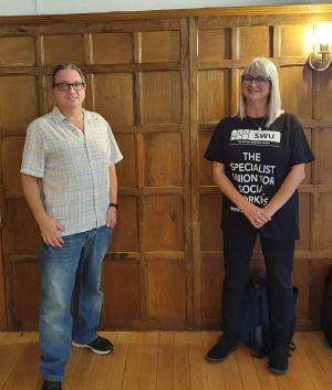 A photo of SWU General Secretary SWU John McGowan and SWU UK Chair Carys Phillips